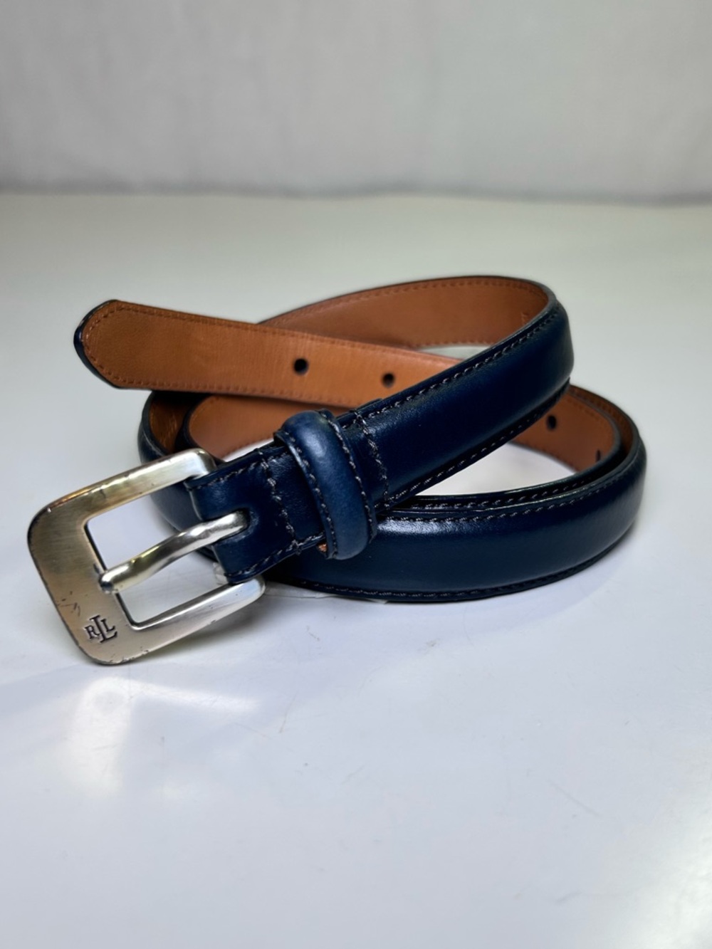 Lauren Ralph Lauren Navy Blue Leather Belt Italian Leather, Silver Buckle Size M